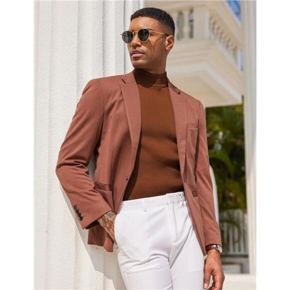 Men's Mock Turtleneck Sweater Short Sleeve Camel Brown - Picture 4 of 5